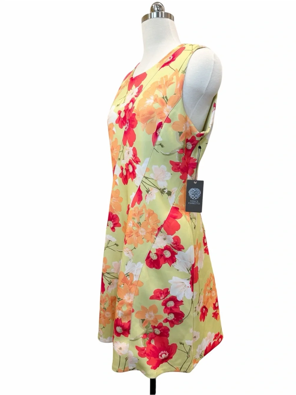 Vince Camuto Scuba Fit Flare Dress Floral Sleeveless Lime Green Orange 12 NWT